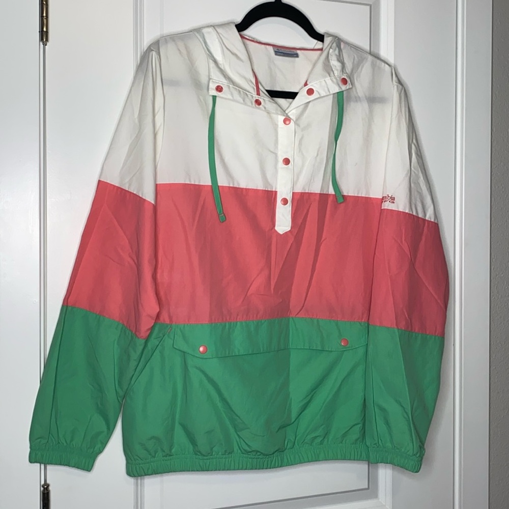Columbia PFG Women's M White Green Pink Striped Pullover Hooded Windbreaker